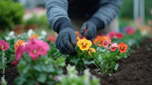Fototapeta Naklejka Na Ścianę i Meble -  Gardener planting new flowers in a decorative garden bed. Featuring flower planting