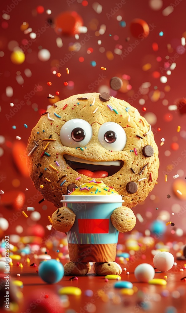 A joyful cookie character with large eyes and a wide smile is holding a cup filled with sprinkles. Colorful confetti and candy pieces create a lively and festive vibe, perfect for celebrations A joyful cookie character with large eyes and a wide smile is holding a cup filled with sprinkles. Colorful confetti and candy pieces create a lively and festive vibe, perfect for celebrations