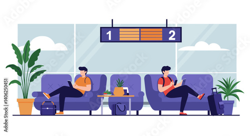 Relaxed travelers using devices in a calm airport lounge  