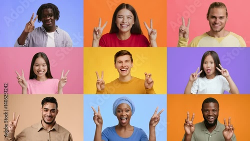 A lively collage featuring diverse individuals expressing happiness and positivity. Each person showcases victory signs against vibrant backgrounds, symbolizing their achievements and joy.