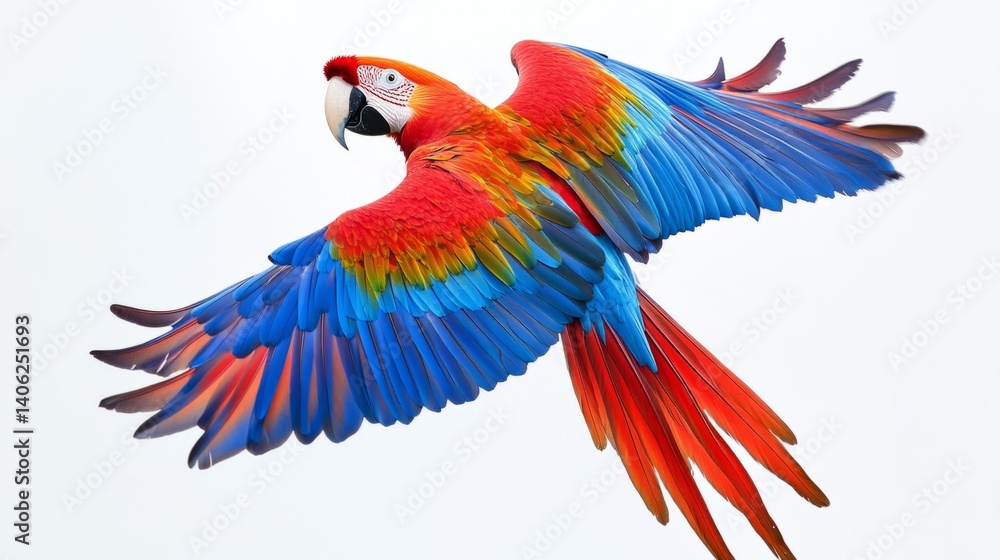 Obraz premium Vibrant Macaw in Flight Against White Background
