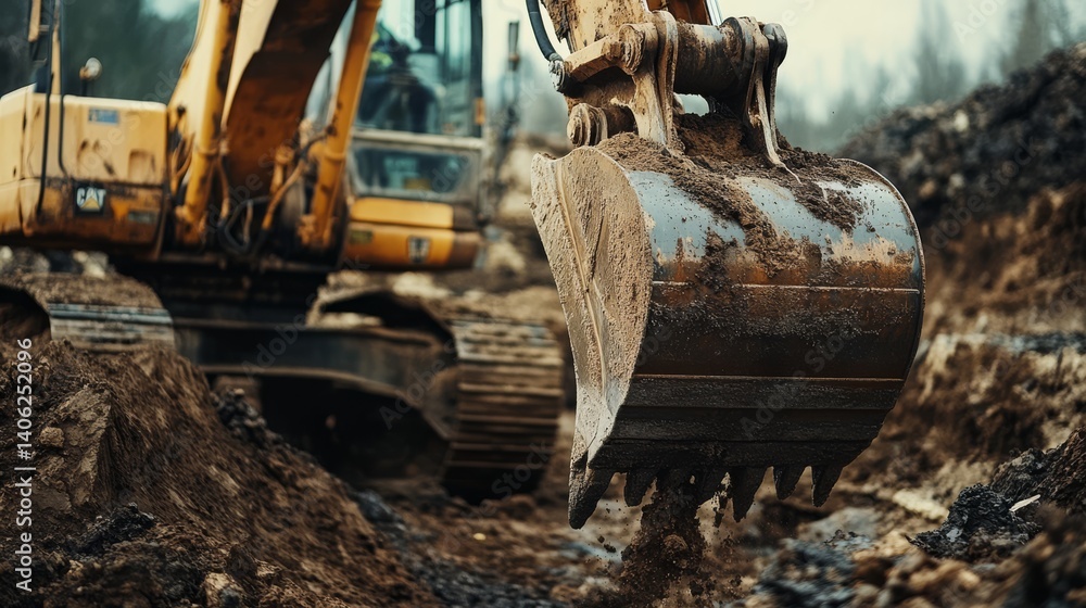 Heavy machinery operator operating an excavator at a construction site. Featuring excavation work Heavy machinery operator operating an excavator at a construction site. Featuring excavation work