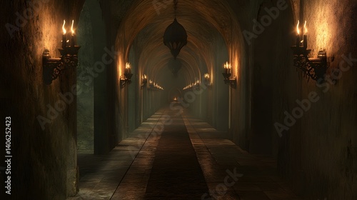 Ancient stone hallway lit by candlelight