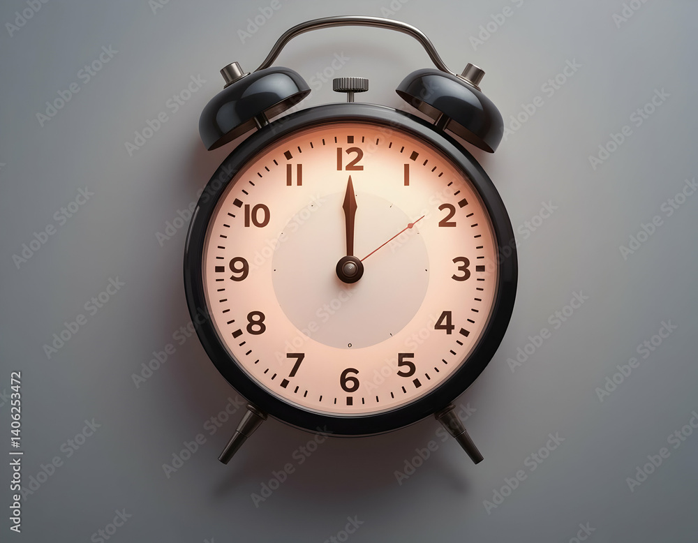 Alarm Clock Showing Noon Isolated on Gray Background