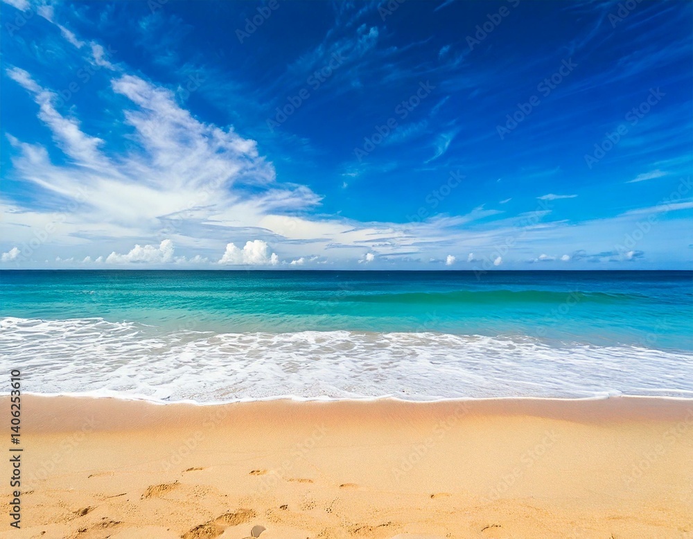 Fototapeta premium Beautiful tropical beach with blue sky and white clouds abstract texture background. Copy sp