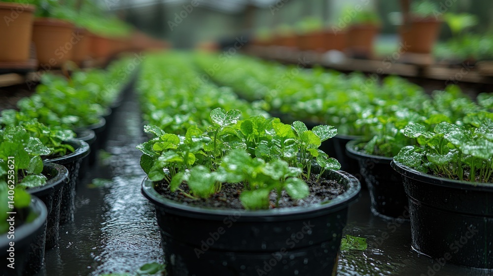 Rows of Lush Green Seedlings in a Greenhouse Rows of Lush Green Seedlings in a Greenhouse