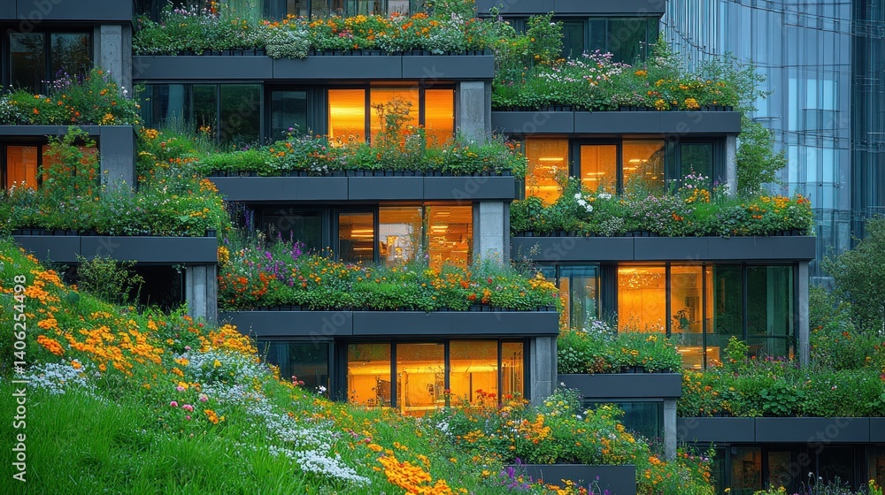 Eco-Friendly Urban Oasis: A Greenery-Covered Building at Dusk Eco-Friendly Urban Oasis: A Greenery-Covered Building at Dusk