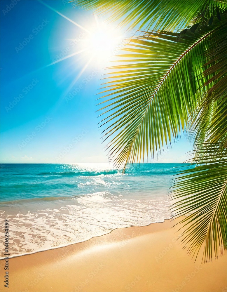 Fototapeta premium nature, beach, tropical, palm, sun, wave, bokeh, green, blur, beautiful, abstract, light, ocean, water, landscape, tropical beach, sunlight, foliage, summer, relaxation, vacation, paradise, outdoors, 