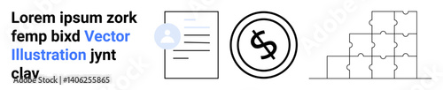Text beside a document, a dollar coin symbolizing finances, and stacked puzzle pieces denoting problem-solving. Ideal for business strategy, finance, collaboration, productivity, organization