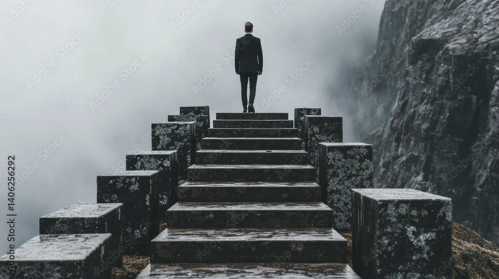 A lone figure in a suit stands atop a misty staircase facing a rocky cliff A lone figure in a suit stands atop a misty staircase facing a rocky cliff