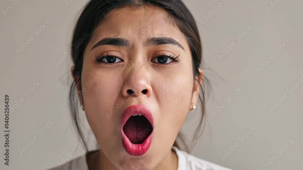 Close-up of a young woman expressing shock with an open mouth, displaying strong emotions and a surprised facial expression indoors. Close-up of a young woman expressing shock with an open mouth, displaying strong emotions and a surprised facial expression indoors.