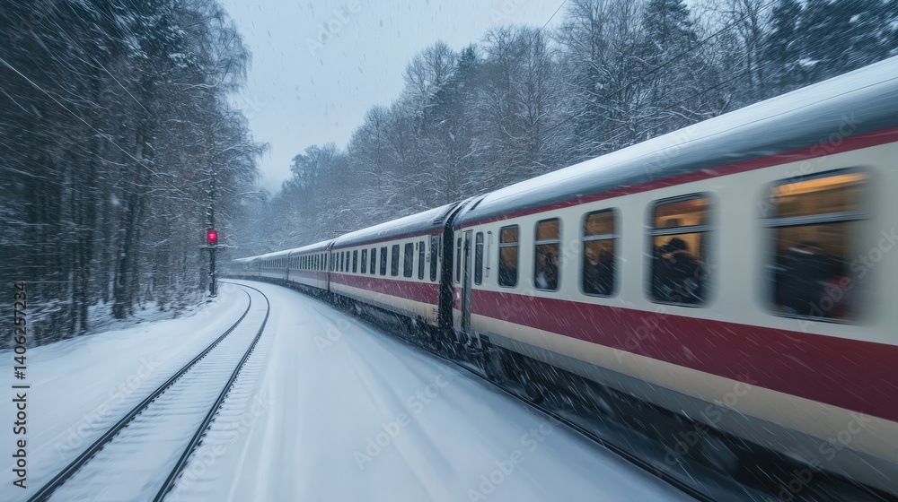 Fototapeta premium A passenger train travels through a snowy forest during winter
