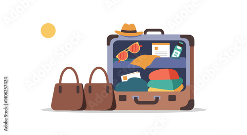 Packed Suitcase with Travel Essentials and Accessories  