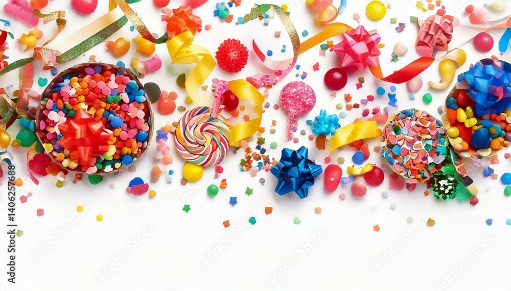Obraz premium Colorful party streamers, candy, confetti decoration isolated on white background.