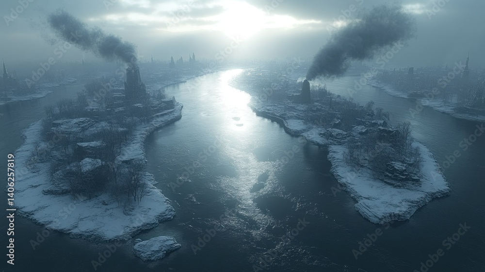 Fototapeta premium Winter's Embrace: A Frozen Cityscape