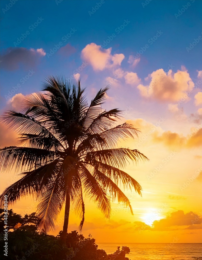 Copy space of silhouette tropical palm tree with sun light on sunset sky and cloud abstract Copy space of silhouette tropical palm tree with sun light on sunset sky and cloud abstract