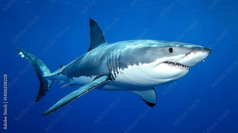 Fototapeta premium A majestic great white shark swims in the deep blue ocean.