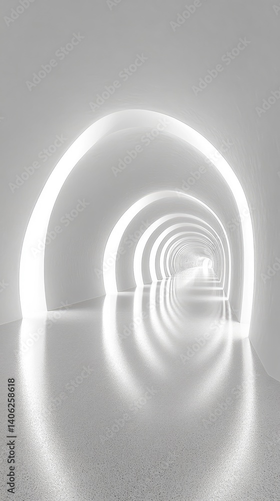 Fototapeta premium Bright white arches form a futuristic tunnel with bright light radiating from each archway