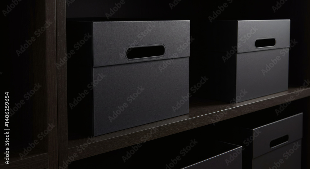 Close-Up of Modern Storage Boxes on Dark Wood Shelves with Minimalist Design Close-Up of Modern Storage Boxes on Dark Wood Shelves with Minimalist Design