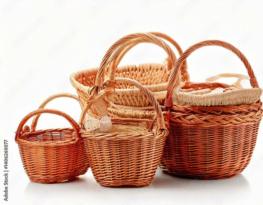 Obraz premium Eco package concept. Empty wicker basket collection isolated on white background. Environmen.