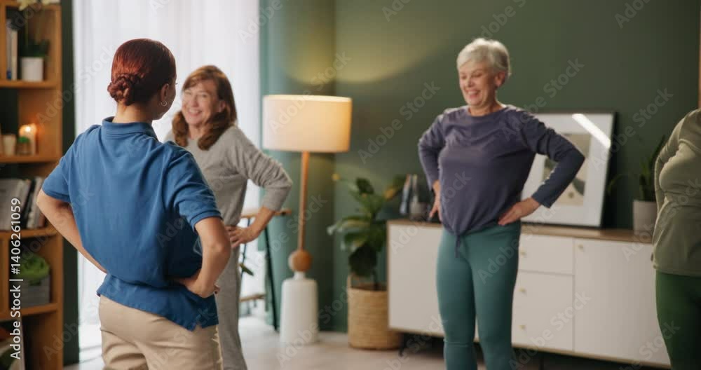 Fitness, flexibility or workout with instructor and old people in assisted living apartment for wellness. Community, exercise or hips with coach and senior group in retirement home for mobility Fitness, flexibility or workout with instructor and old people in assisted living apartment for wellness. Community, exercise or hips with coach and senior group in retirement home for mobility