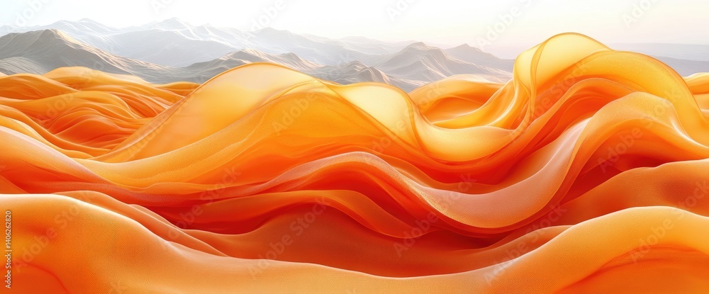 Fototapeta premium Abstract orange waves cascade under soft light with mountain backdrop