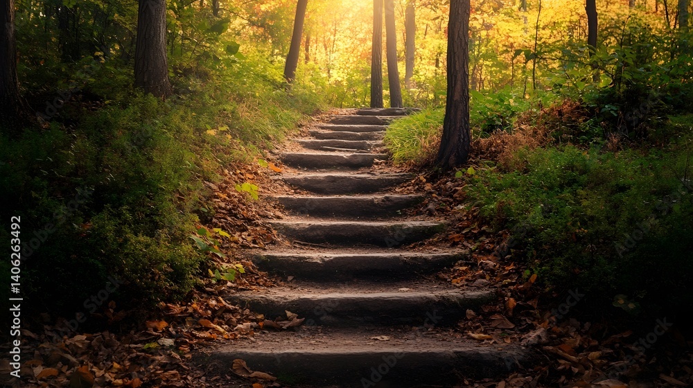 Obraz premium Autumn Forest Path Steps Sunlight