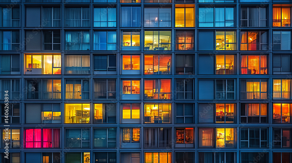 Colorful windows of modern building at night create vibrant mosaic Colorful windows of modern building at night create vibrant mosaic