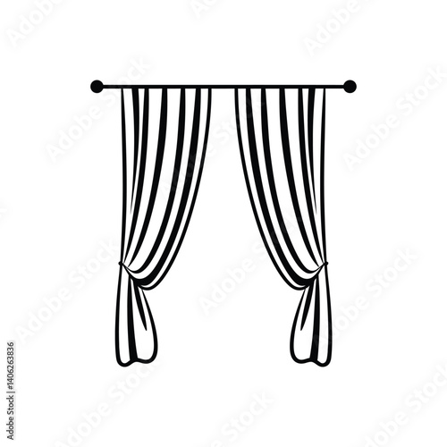 Black and White Striped Curtains on Rod with Tiebacks on Transparent Background