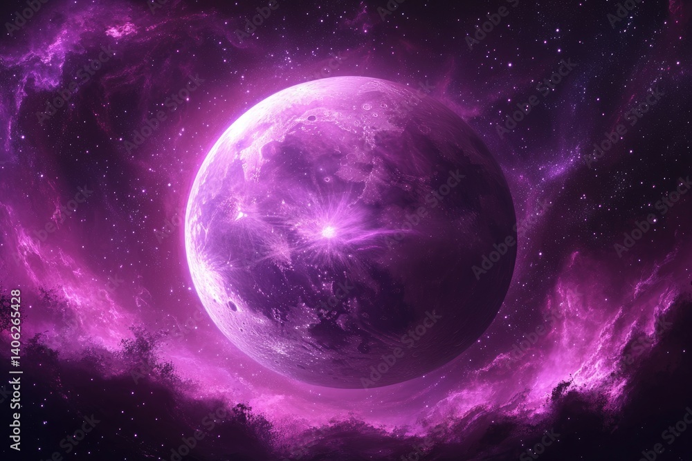 Purple planet surrounded by bright nebulous clouds and distant stars in deep, dark space Purple planet surrounded by bright nebulous clouds and distant stars in deep, dark space