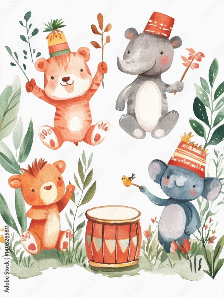 Naklejka premium Watercolor animal parade featuring playful creatures with soft drums celebrating in Lapki style