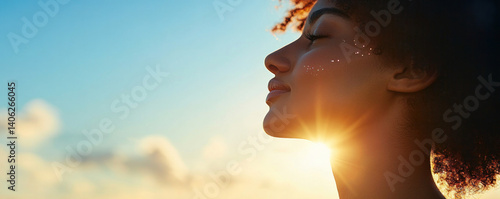 A woman with a sun on her face is smiling. The sun is shining brightly on her face, making her look happy and content