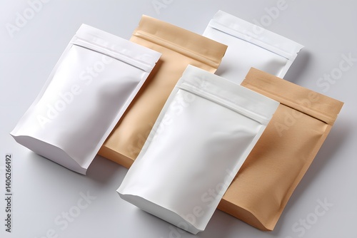 Minimalist packaging pouches in white and kraft bag, generation AI 