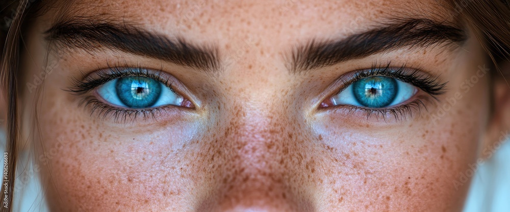 Naklejka premium Up close view of striking blue eyes, freckled skin, and dark eyebrows. Detailed eye lashes