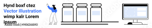 Person arranging jars on a shelf, interacting with a computer screen. Ideal for storage solutions, warehouse management, product order tracking, inventory control, e-commerce, retail management