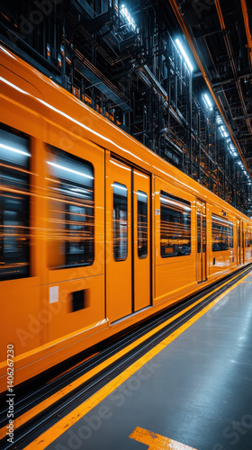A train is moving down the tracks in a station. The train is orange and the station is orange as well