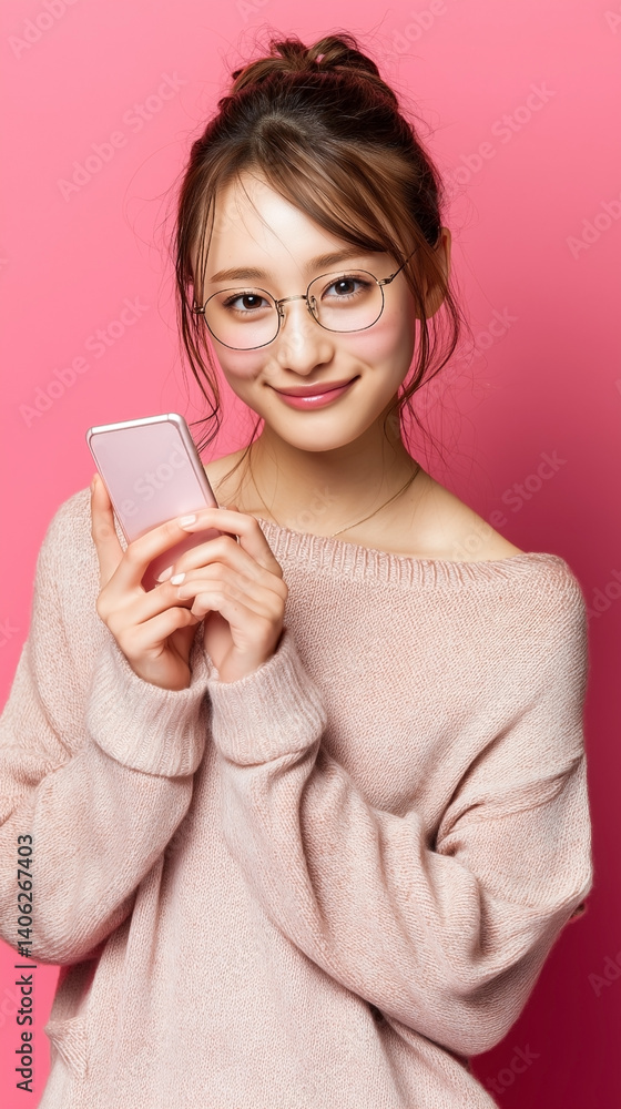 スマートフォンを使う女性 ピンク背景 縦画像 画像生成AI