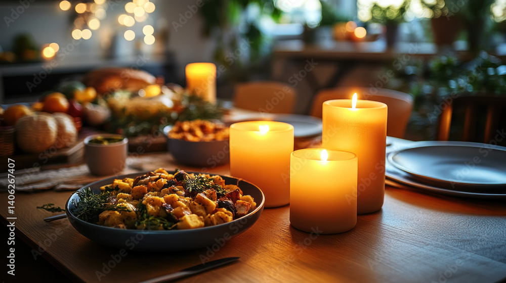 Obraz premium A table with a blue bowl of food and candles on it. The candles are lit and the table is set for a meal