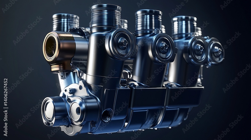 Sleek Metallic Engine: A 3D Render of a Powerful V6 Engine