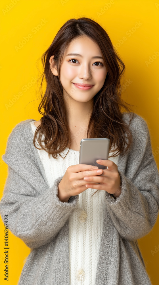 スマートフォンを使う女性　黄色背景　縦画像　画像生成AI