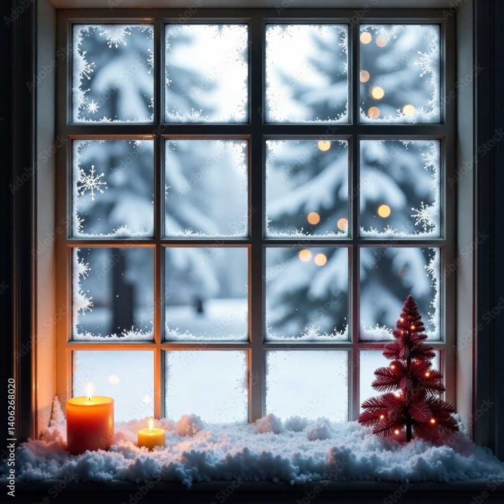 Naklejka premium Frosty windows with Christmas decorations and snow, Frosty Glass, Holiday