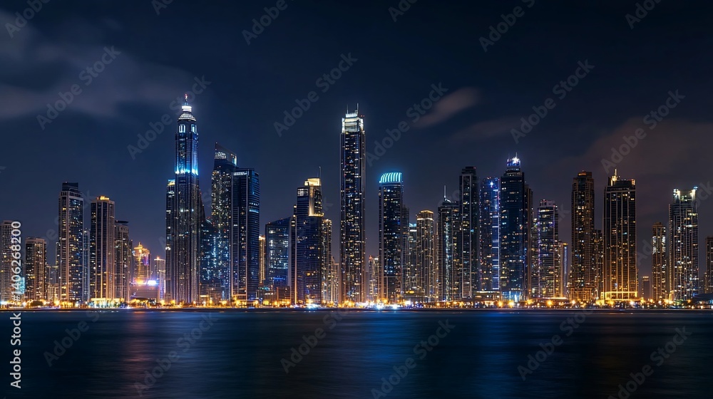 Fototapeta premium Dubai Marina Skyline at Night: A Stunning Panorama of Modern Architecture