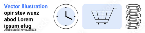 Clock symbolizing time, shopping cart for online purchases, and stack of coins for finance. Ideal for business, e-commerce, shopping, scheduling, time planning, budgeting simple landing page