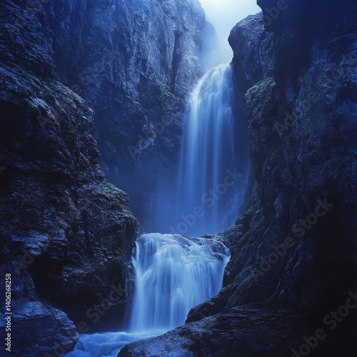 Majestic Waterfall Cascading Through Rocky Cliffs Surrounded by Misty Atmosphere and Lush Greenery in a Serene Wilderness Landscape