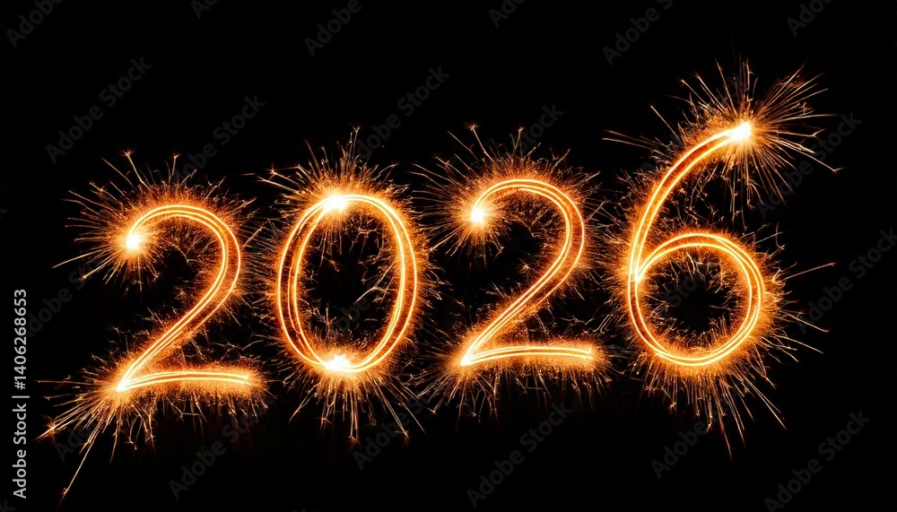 Happy New Year 2026. Number 2026 written sparkling sparklers isolated on black background Happy New Year 2026. Number 2026 written sparkling sparklers isolated on black background