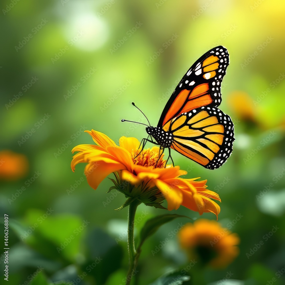 Butterfly Resting on Vibrant Yellow Flower in Sunny Garden Setting Butterfly Resting on Vibrant Yellow Flower in Sunny Garden Setting