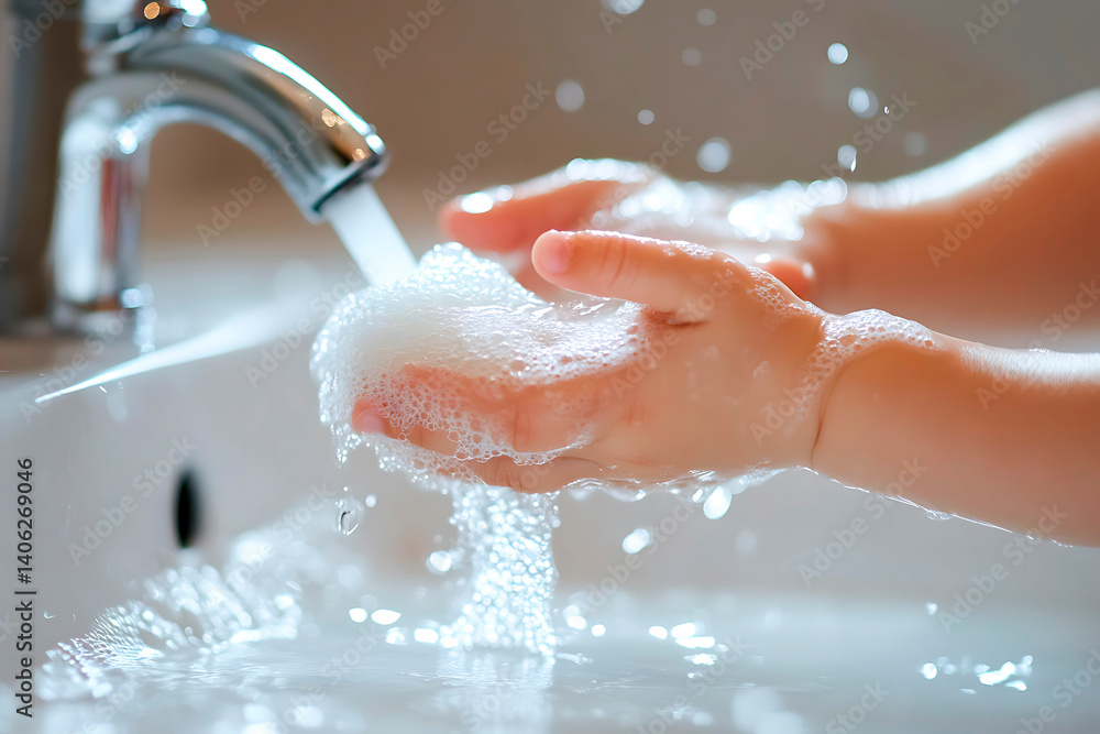 Fototapeta premium Close-up of tiny baby hands gripping a bar of soap, with foam and water flowing in a bathroom sink, emphasizing hygiene and cleanliness