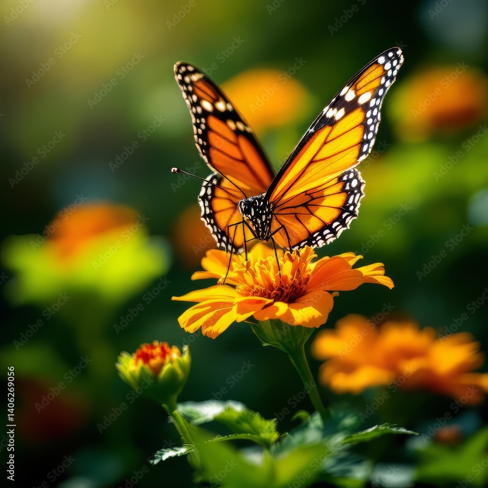 Monarch Butterfly Feeding on Orange Flower in a Sunny Garden Monarch Butterfly Feeding on Orange Flower in a Sunny Garden