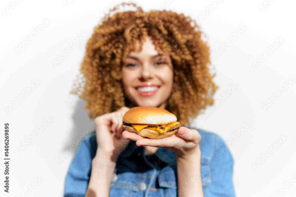 Cheerful young woman with curly hairholding a delicious cheeseburger, showcasing healthy eating, vibrant colors and a sunny atmosphere Cheerful young woman with curly hairholding a delicious cheeseburger, showcasing healthy eating, vibrant colors and a sunny atmosphere