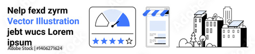 Rating meter, star review system, mobile app layout, storefront, urban structures highlighting solar panels and eco-friendly rooftops. Ideal for business apps, energy, urban planning, reviews tech